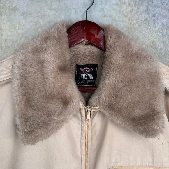 VTG 70s Pilots Jacket Sz L Beige Tan Faux Fur Full Zip Truxton Vintage Retro - Picture 8 of 10